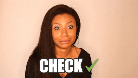 Animated GIF of a woman looking surprised with the word “Check” and a green checkmark