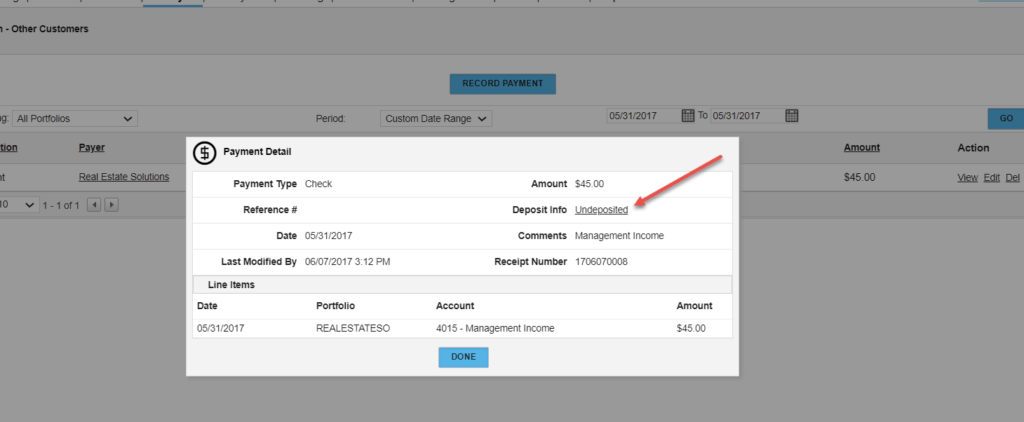 Propertyware Payment Detail popup for a $45 management income check, with the deposit status marked “Undeposited”