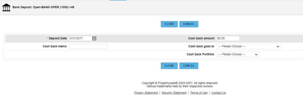 Propertyware Bank Deposit confirmation screen showing the deposit date and cash-back fields