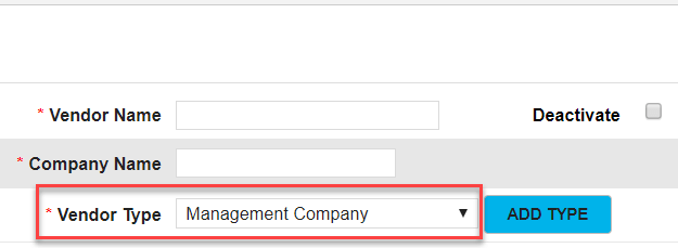 Propertyware new vendor form with the Vendor Type set to “Management Company”