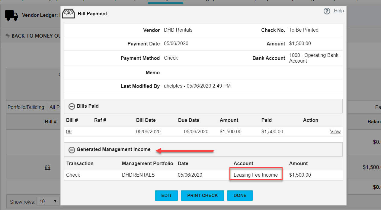 Propertyware Bill Payment confirmation showing $1,500 of generated management income posted as Leasing Fee Income