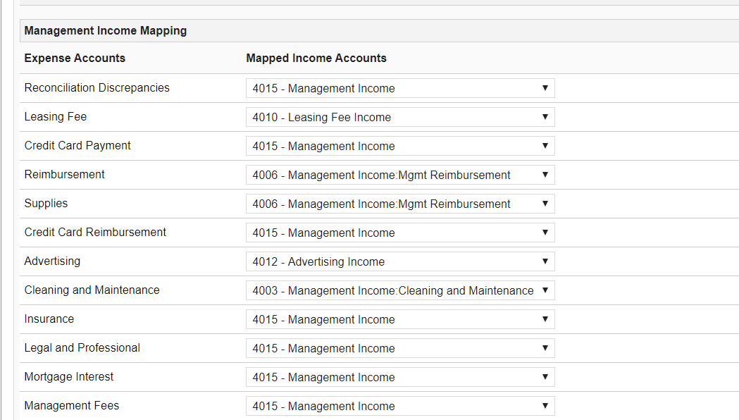 Propertyware Management Income Mapping settings pairing expense accounts with their mapped income accounts