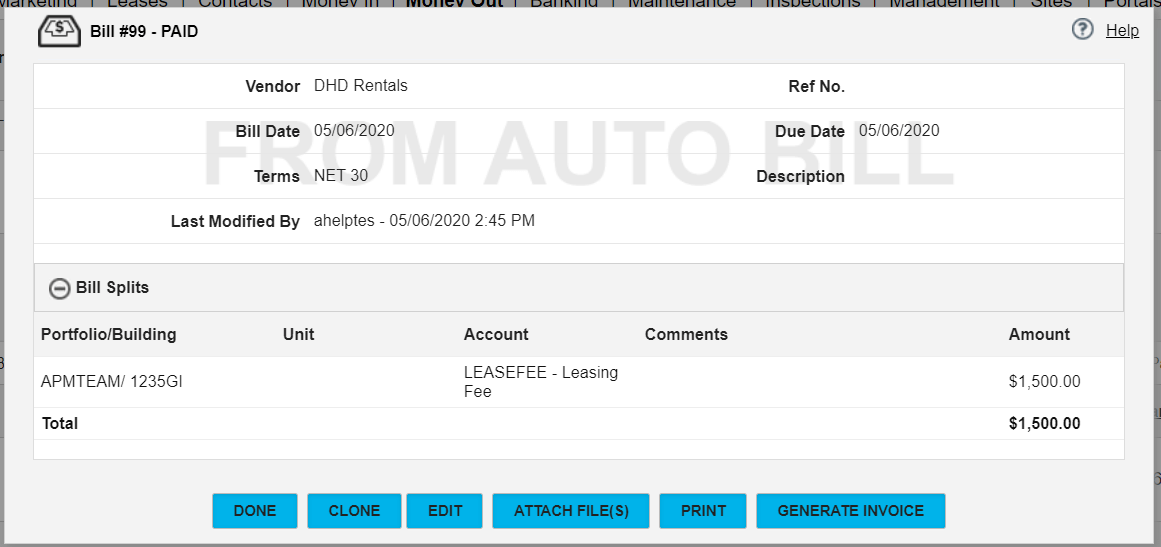 Propertyware Bill #99 detail for a $1,500 leasing fee to DHD Rentals, marked paid from an auto bill