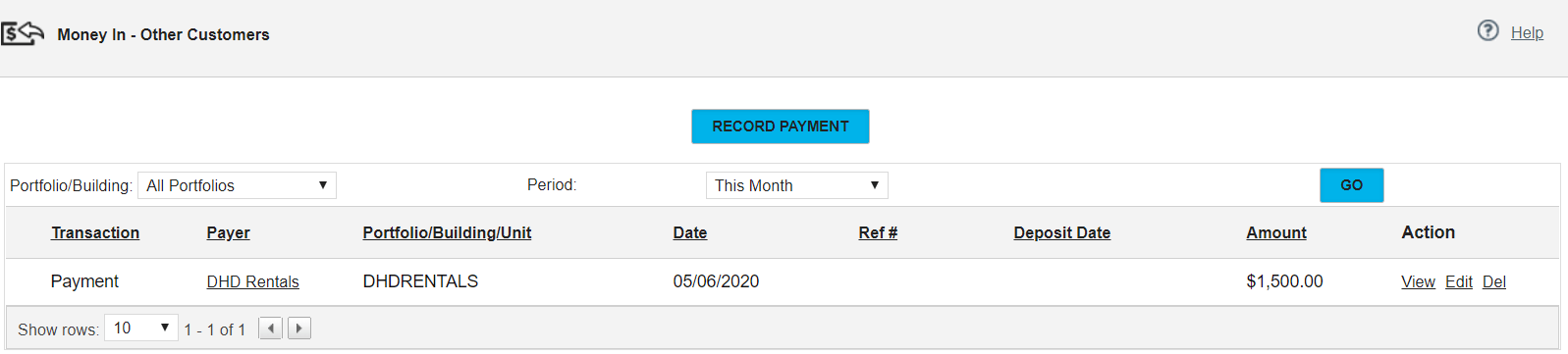 Propertyware Money In – Other Customers screen showing the recorded $1,500 payment from DHD Rentals