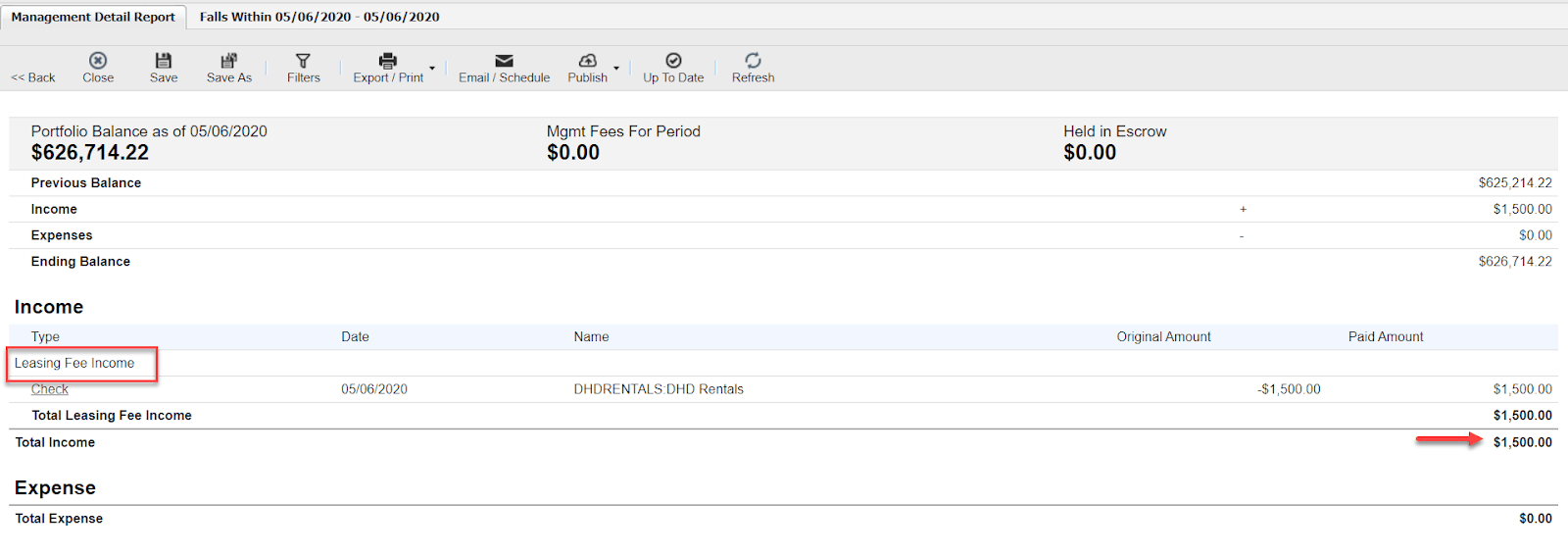Propertyware Management Detail Report showing $1,500 of leasing fee income for the period