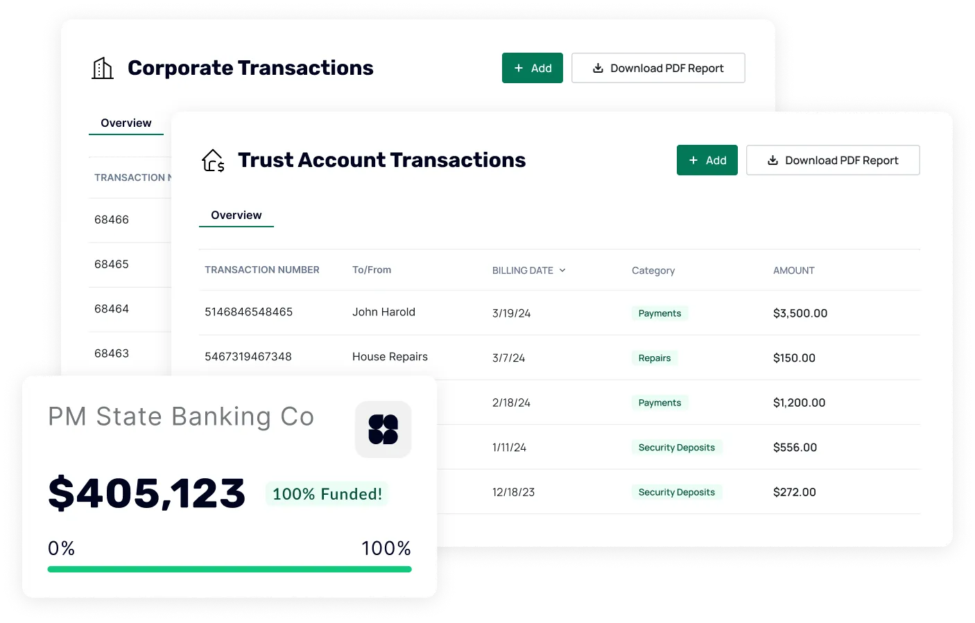 A chart showing transactions and bank statements of a property management company.