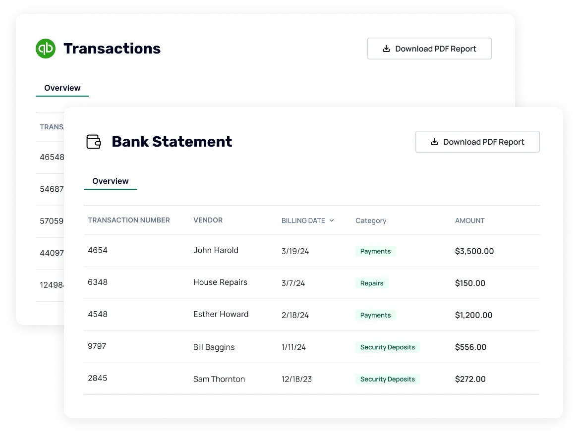 A chart showing transactions and bank statements of a property management company.