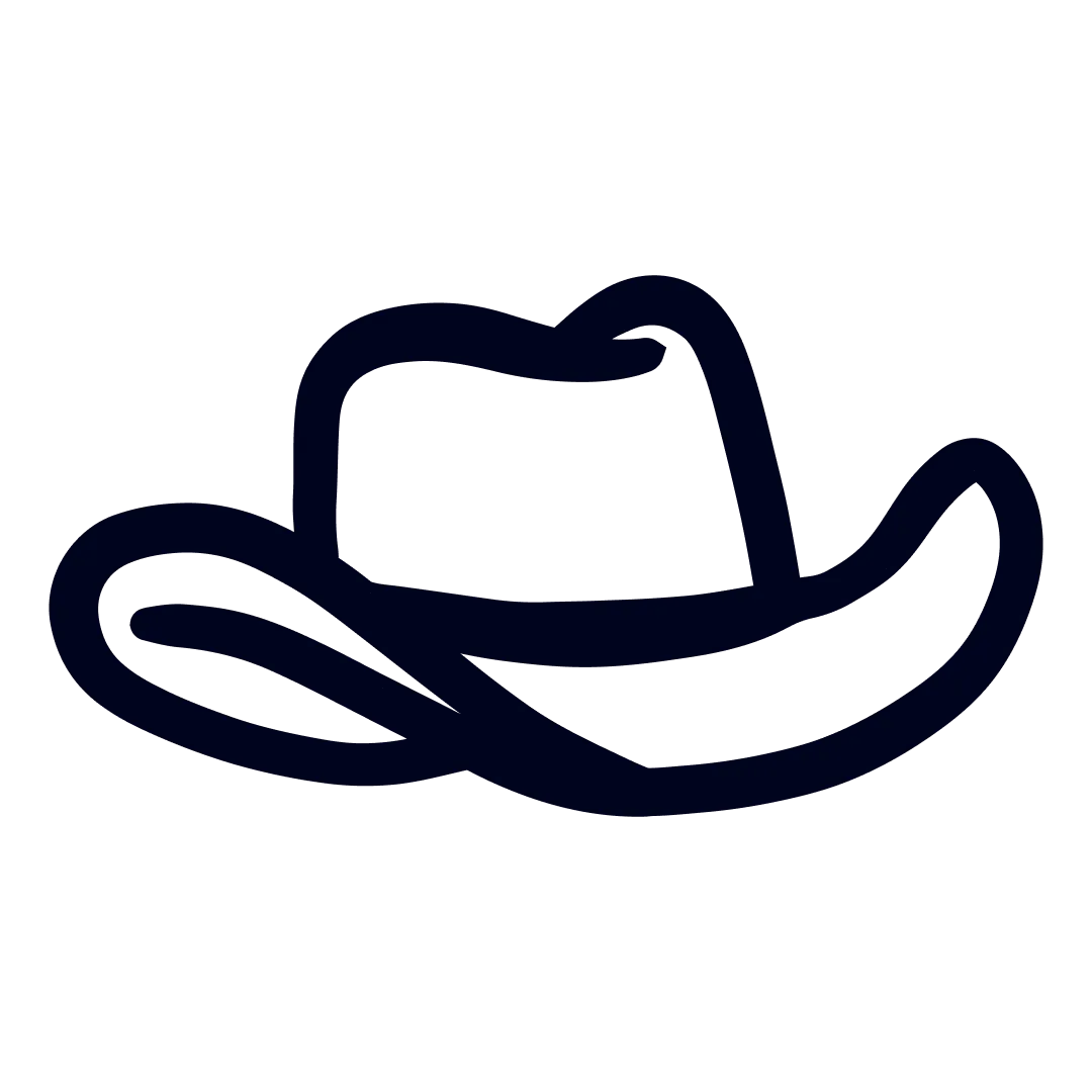 Simple dark blue line drawing of a cowboy hat on a black background.