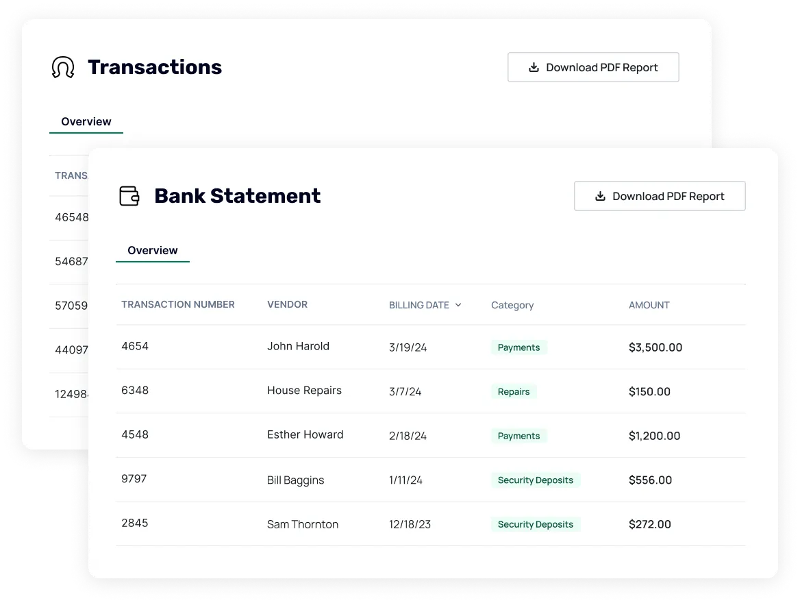 A chart showing transactions and bank statements of a property management company.