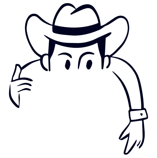 Line drawing of a person wearing a cowboy hat peeking over an edge with wide eyes and hands gripping the edge.