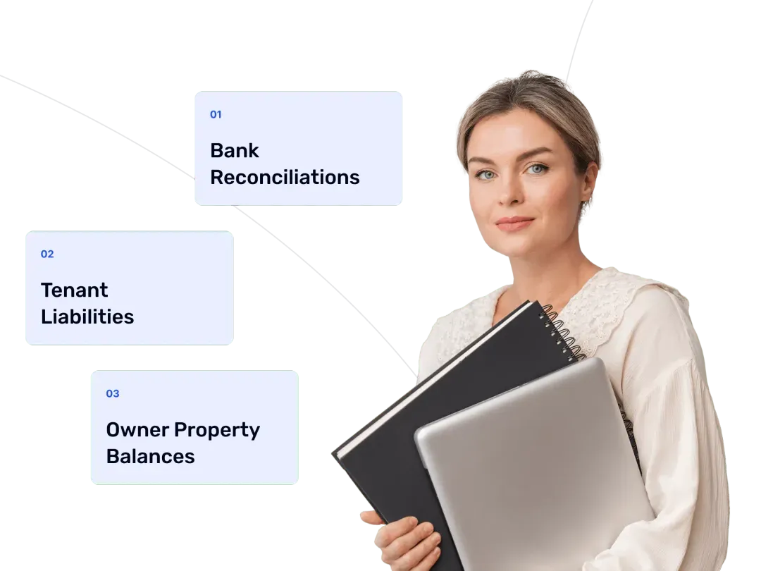 Woman holding a laptop and notebook standing next to text boxes listing 01 Bank Reconciliations, 02 Tenant Liabilities, and 03 Owner Property Balances.