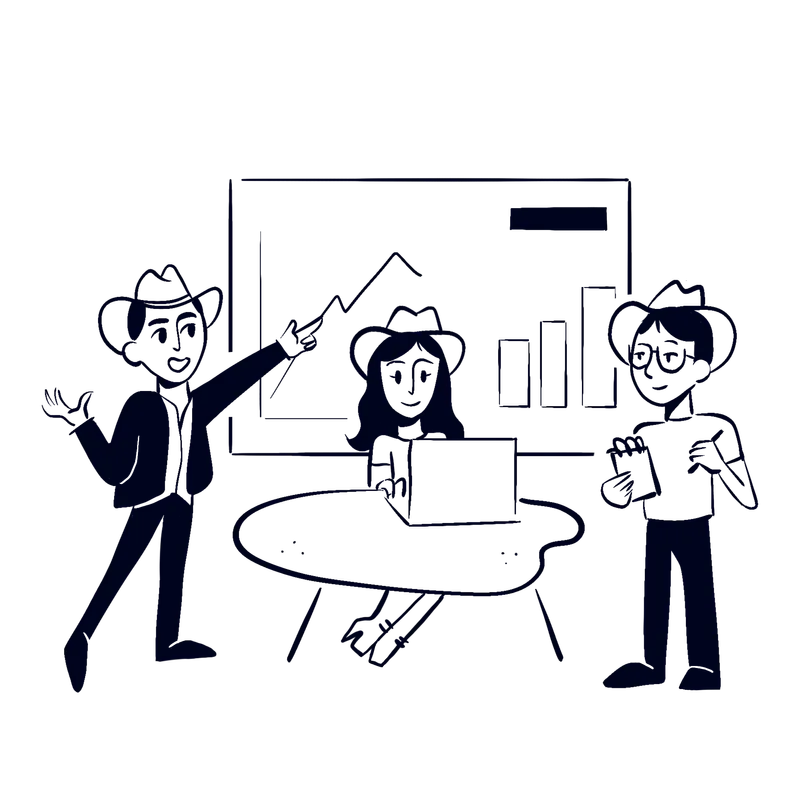 illustration of the APM help team presenting on a whiteboard