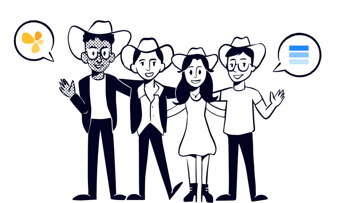 Illustration of four people wearing cowboy hats, standing arm in arm, with speech bubbles showing a yellow flower and a gradient of blue shades.
