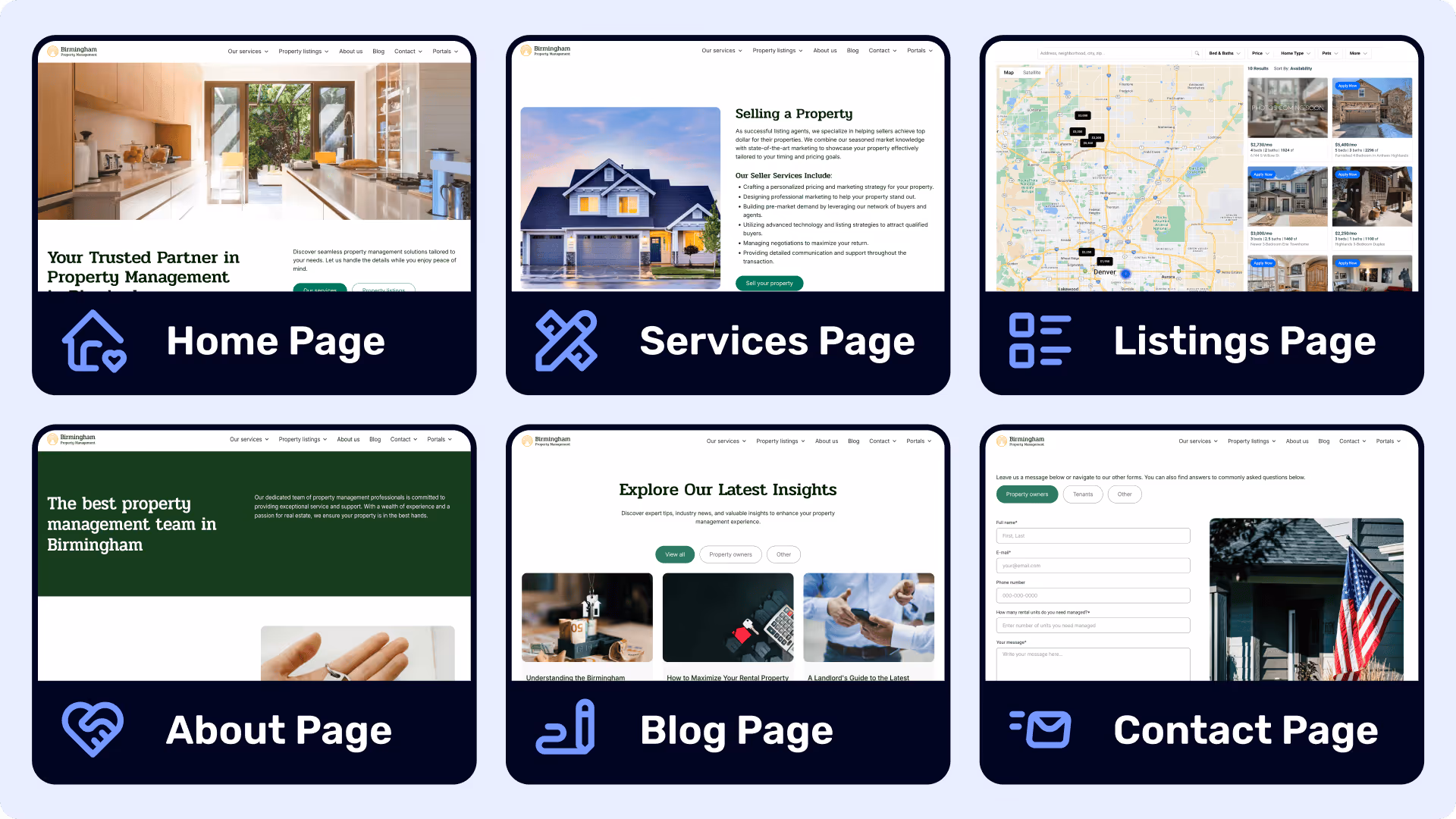 Mockups of a property management website's Home, Services, Listings, About, Blog, and Contact pages