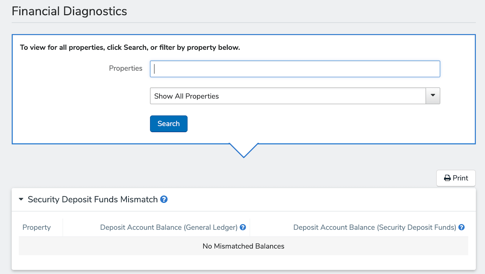 AppFolio Financial Diagnostics tool with a property search and a Security Deposit Funds Mismatch section reporting no mismatched balances