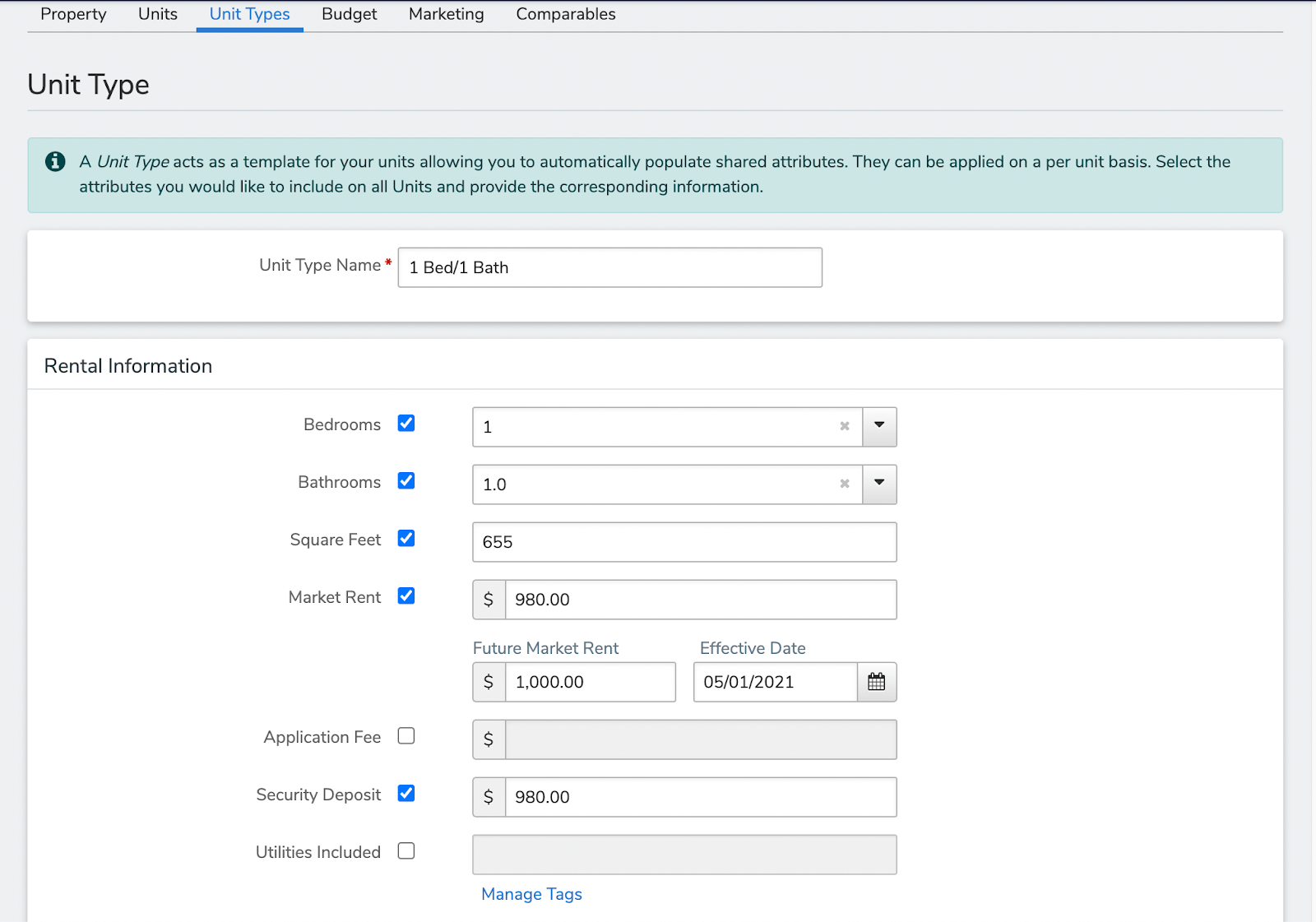 AppFolio Unit Type setup form defining a 1 bed/1 bath template with rent, square footage, and security deposit