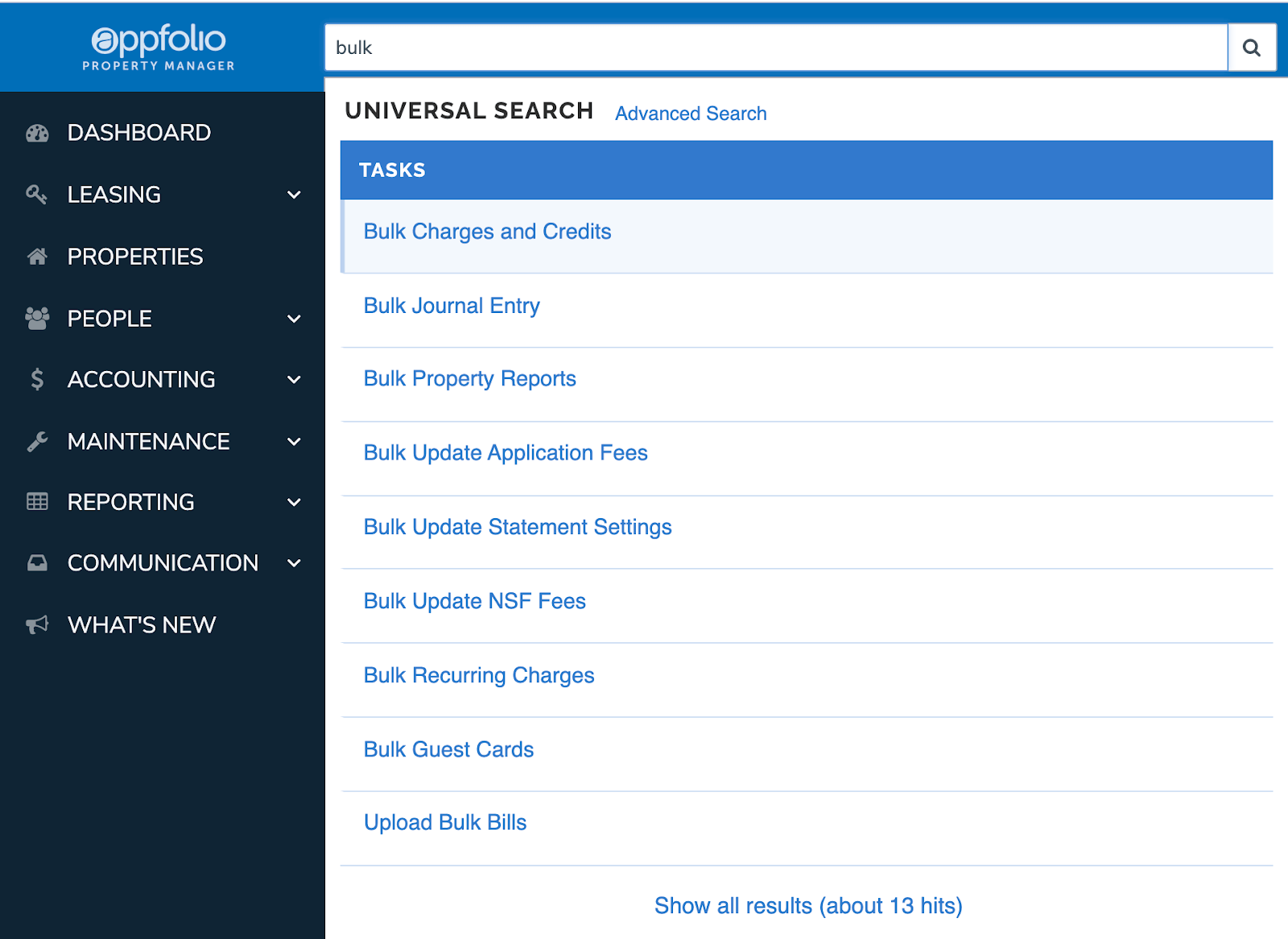 AppFolio universal search for “bulk” listing bulk tools such as bulk charges, journal entries, and recurring charges