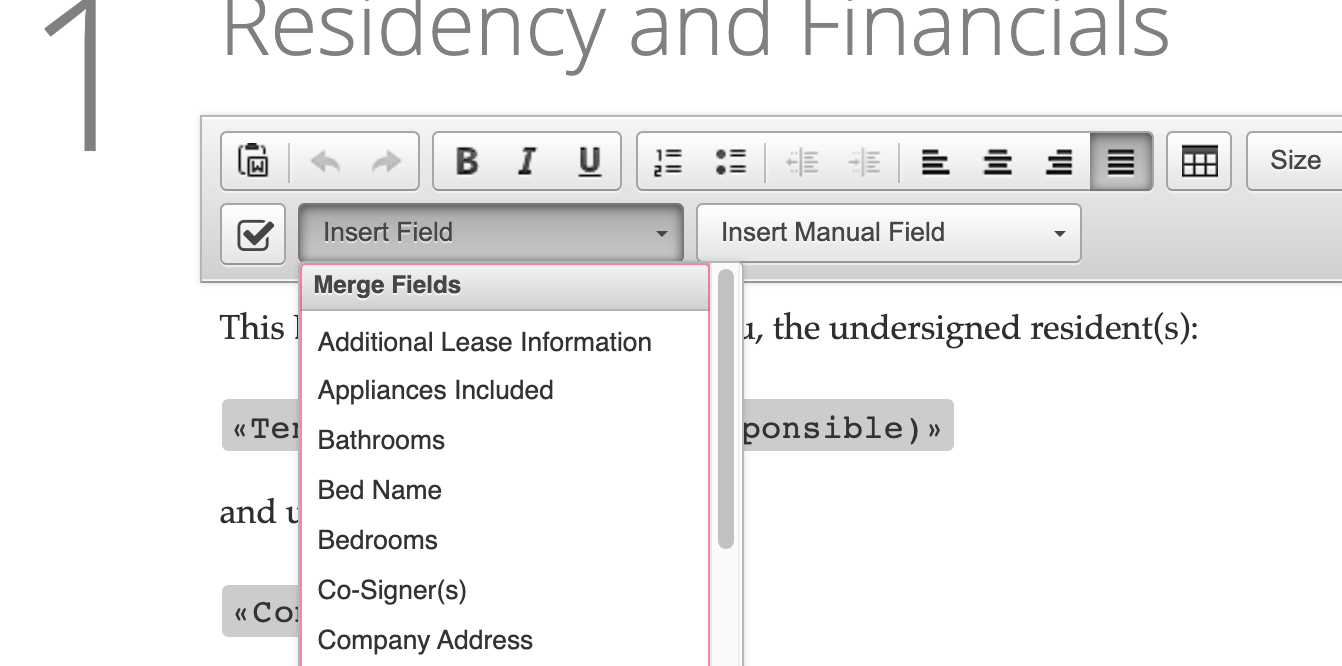 AppFolio lease document editor with the Insert Field menu open, listing merge fields like bedrooms and bathrooms