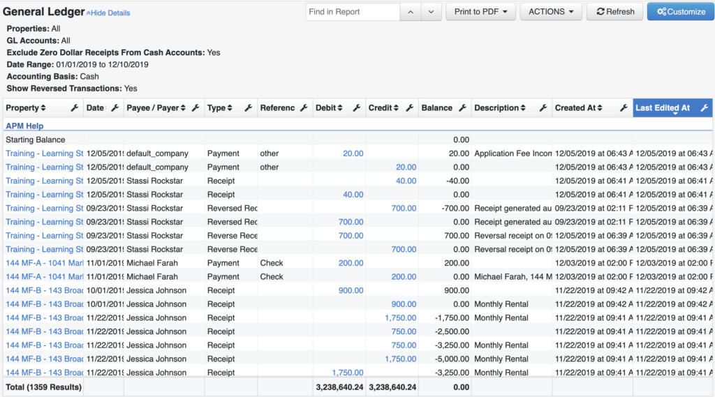 AppFolio General Ledger report listing transactions across all properties with debit, credit, and running balance columns