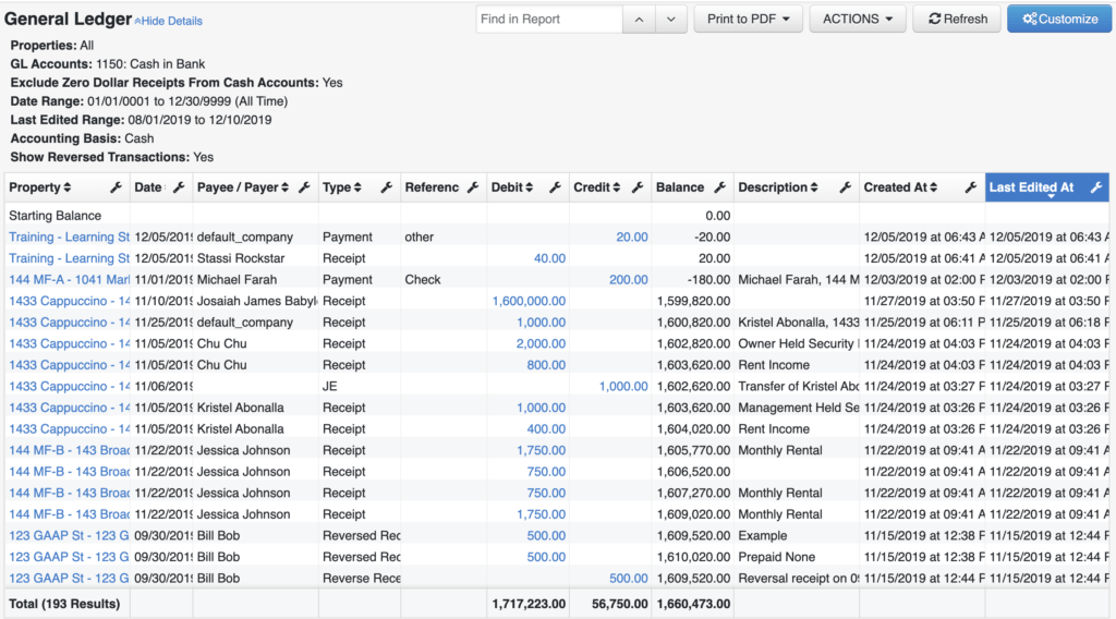 AppFolio General Ledger report filtered to the 1150 Cash in Bank account