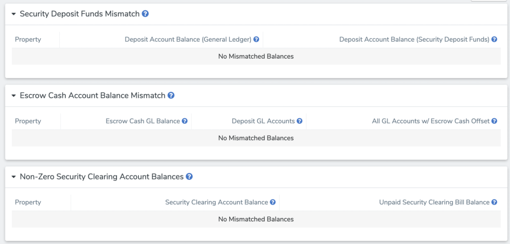 Financial Diagnostics report showing security deposit, escrow cash, and security clearing checks all reporting no mismatched balances