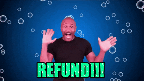 Animated GIF of a man cheering excitedly with the word “Refund!!!” on screen