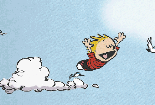 Animated cartoon of a boy flying joyfully through the clouds