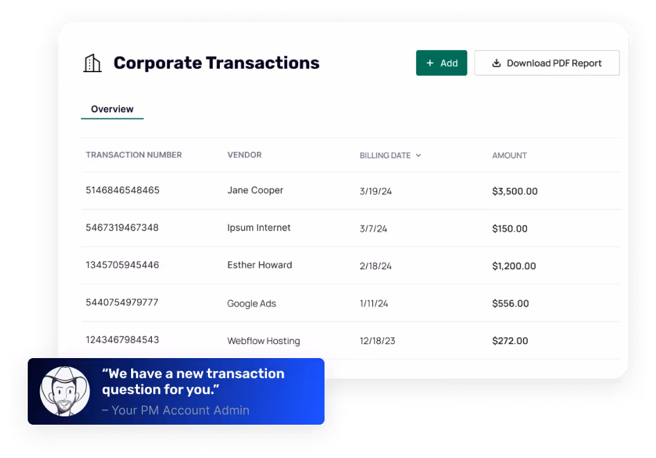 Corporate Transactions table showing transaction numbers, vendors, billing dates, and amounts with an Add button and Download PDF Report option; a chat notification at bottom left says 'We have a new transaction question for you.'