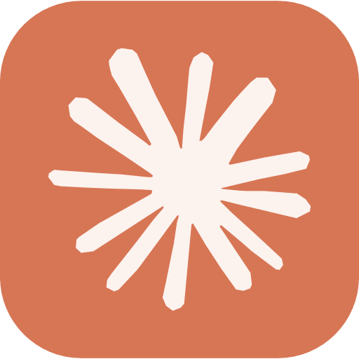 White abstract starburst shape with twelve irregular rays on a rounded orange square background.