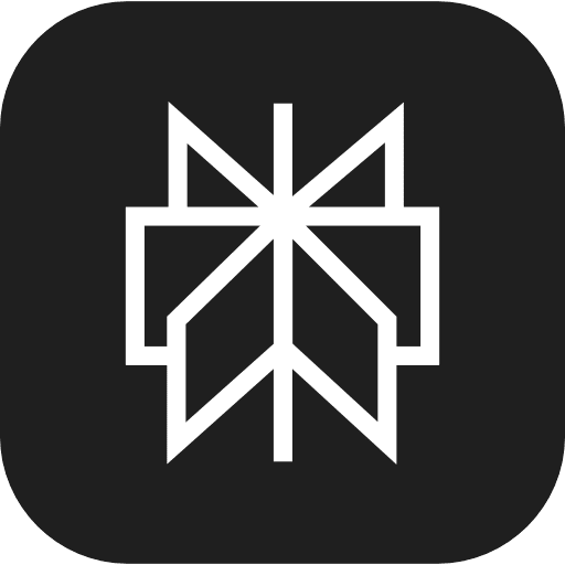 White geometric star or flower shape with eight pointed petals on a dark rounded square background.