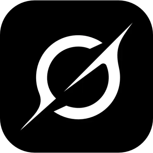 White circular shape with a diagonal lightning bolt cutting through it on a black background.